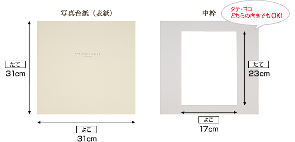 写真台紙（表紙）：たて31cm×よこ31cm　中枠：たて23cm×よこ17cm